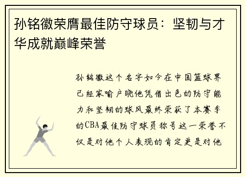 孙铭徽荣膺最佳防守球员：坚韧与才华成就巅峰荣誉